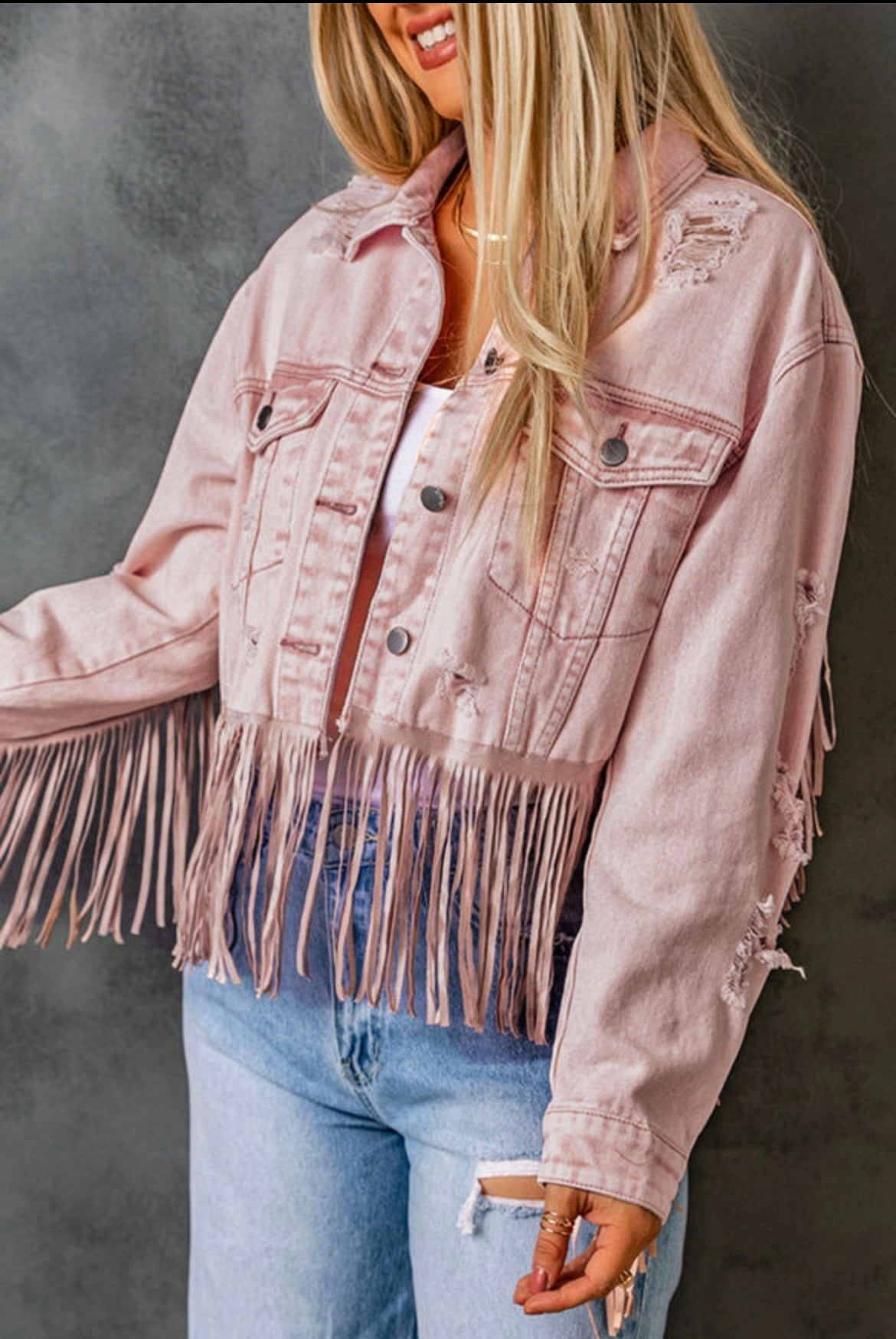 Pink Distressed Fringe Jacket