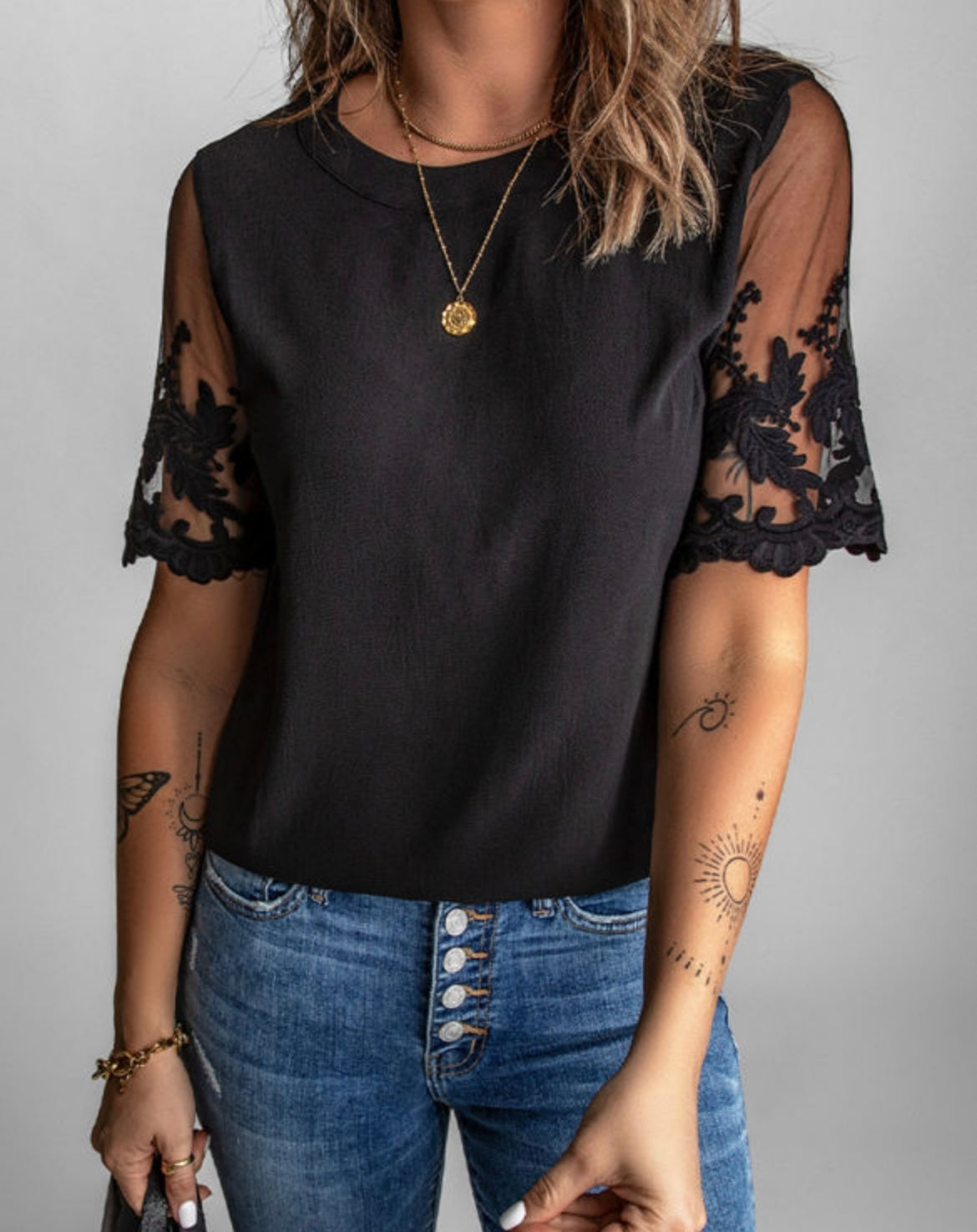 Black Lace Sleeve Top