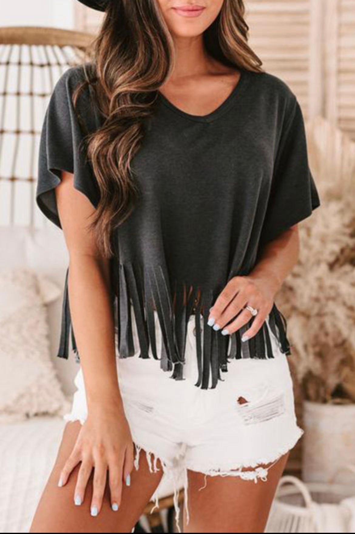 Black Fringe V-Neck Tee