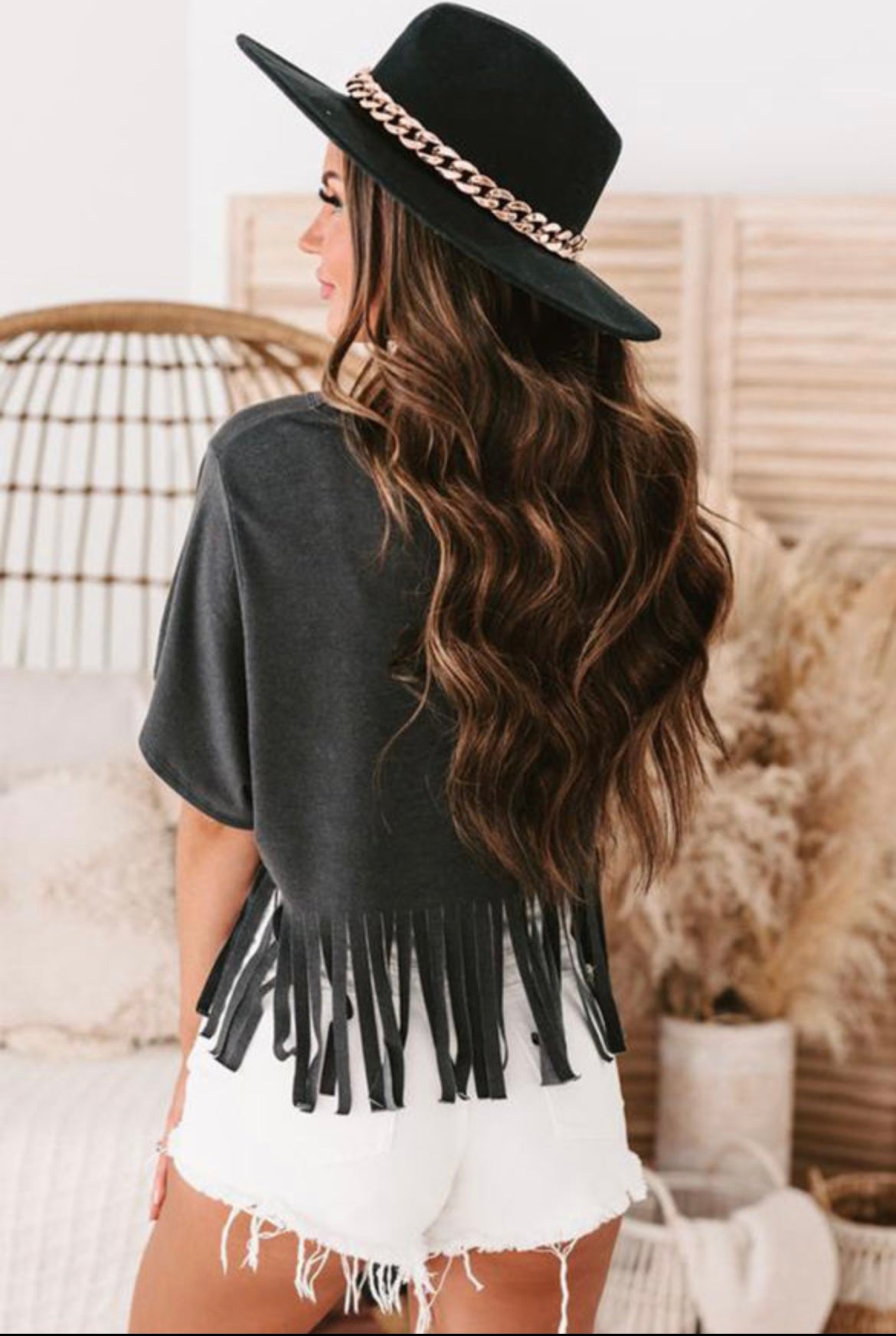 Black Fringe V-Neck Tee