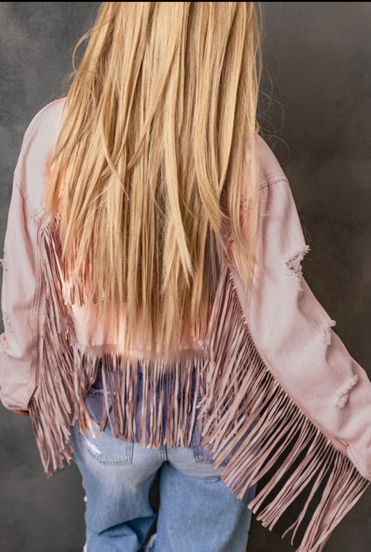 Pink Distressed Fringe Jacket