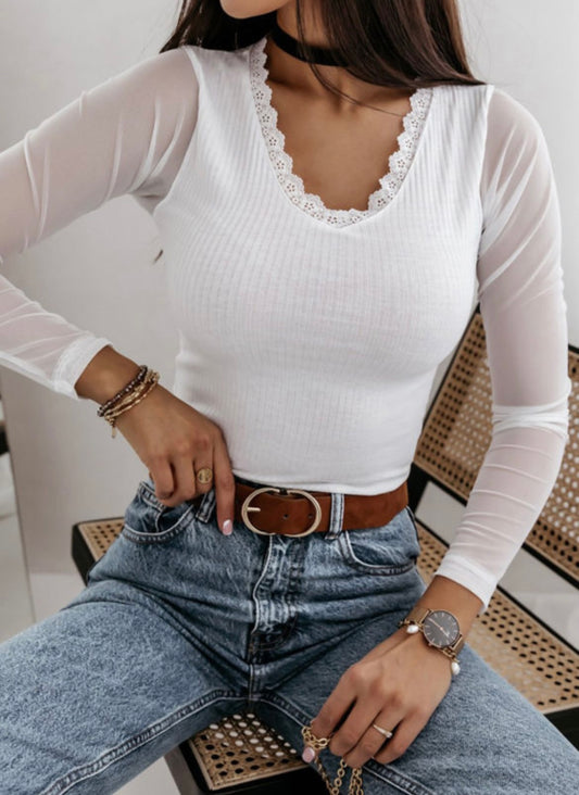 White Ribbed Mesh Sleeve Top